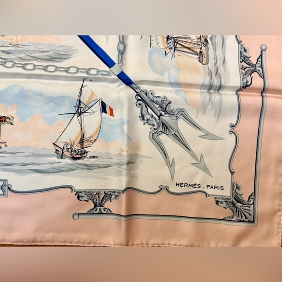 HERMES Never Worn Vintage “The Wooden Marine” Pink Carre 90 Silk Twill Scarf - Picture 7 of 16